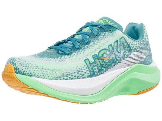 Men's Hoka Mach X. Multicolored upper. Green midsole. Lateral view.