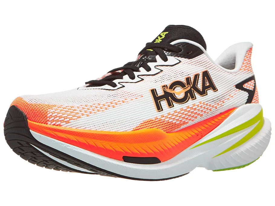 Men's Hoka Mach X3. White upper. Orange/White midsole. Lateral view.