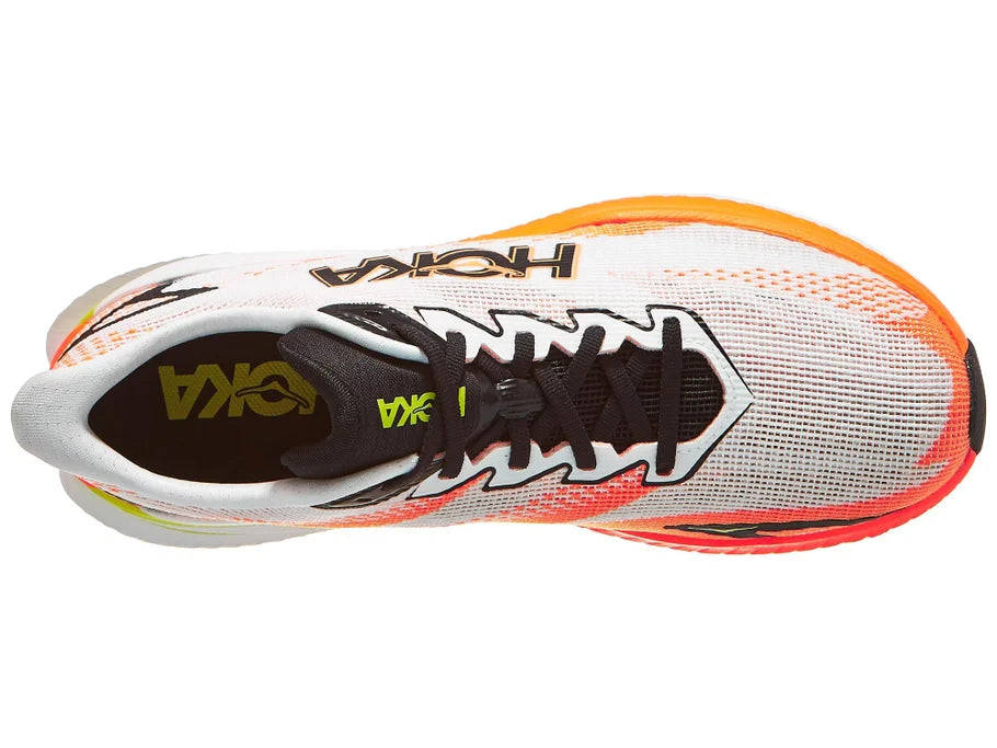 Men's Hoka Mach X3. White upper. Orange/White midsole. Top view.