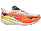 Men's Hoka Mach X3. White upper. Orange/White midsole. Medial view.