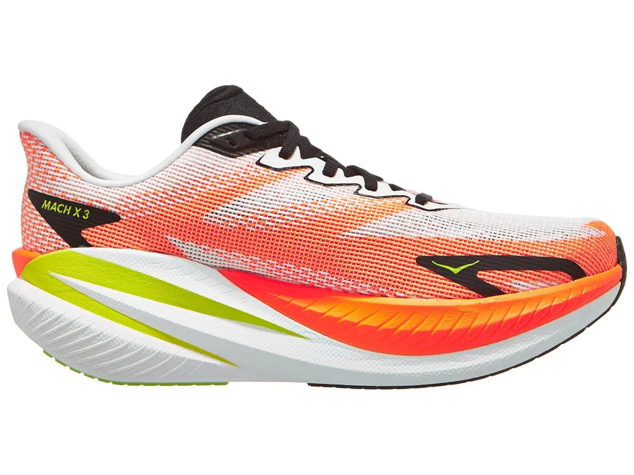 Men's Hoka Mach X3. White upper. Orange/White midsole. Medial view.