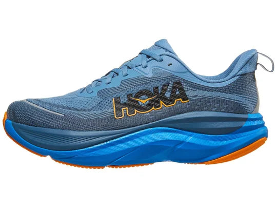 Men's Hoka Skyflow. Blue upper. Blue midsole. Lateral view.