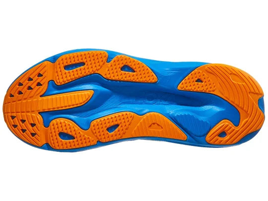 Men's Hoka Skyflow. Blue upper. Blue midsole. Bottom view.