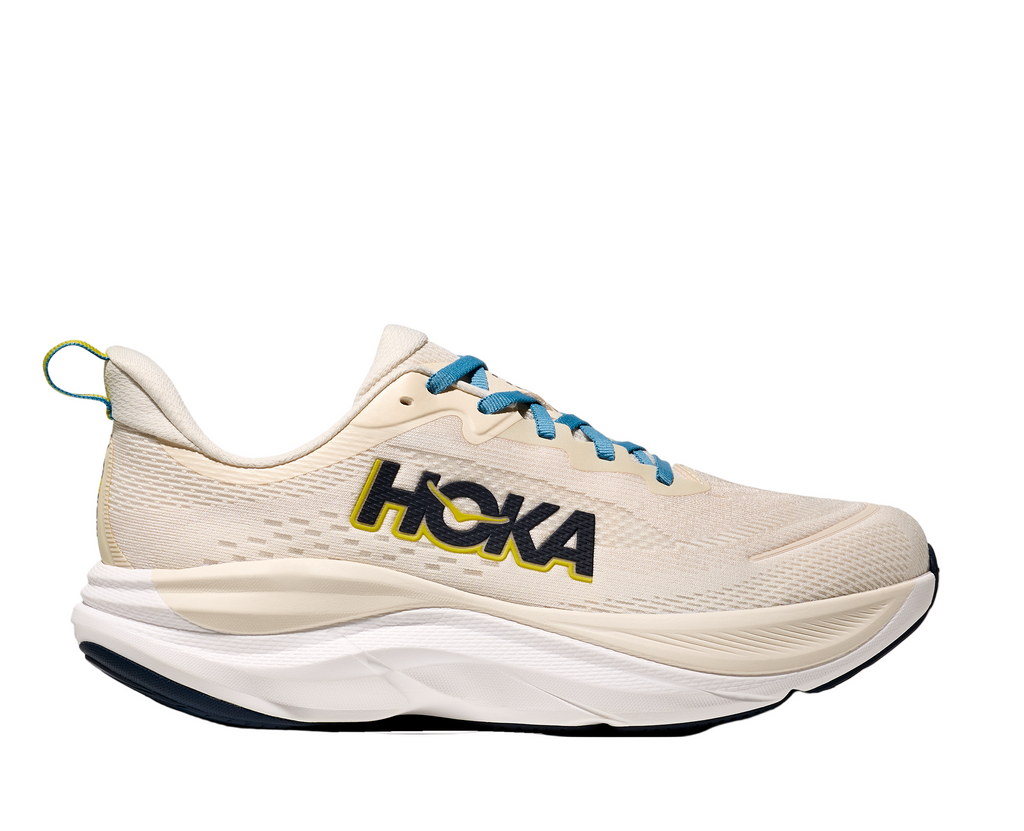 Men's Hoka Skyflow. Cream upper. White midsole. Lateral view.