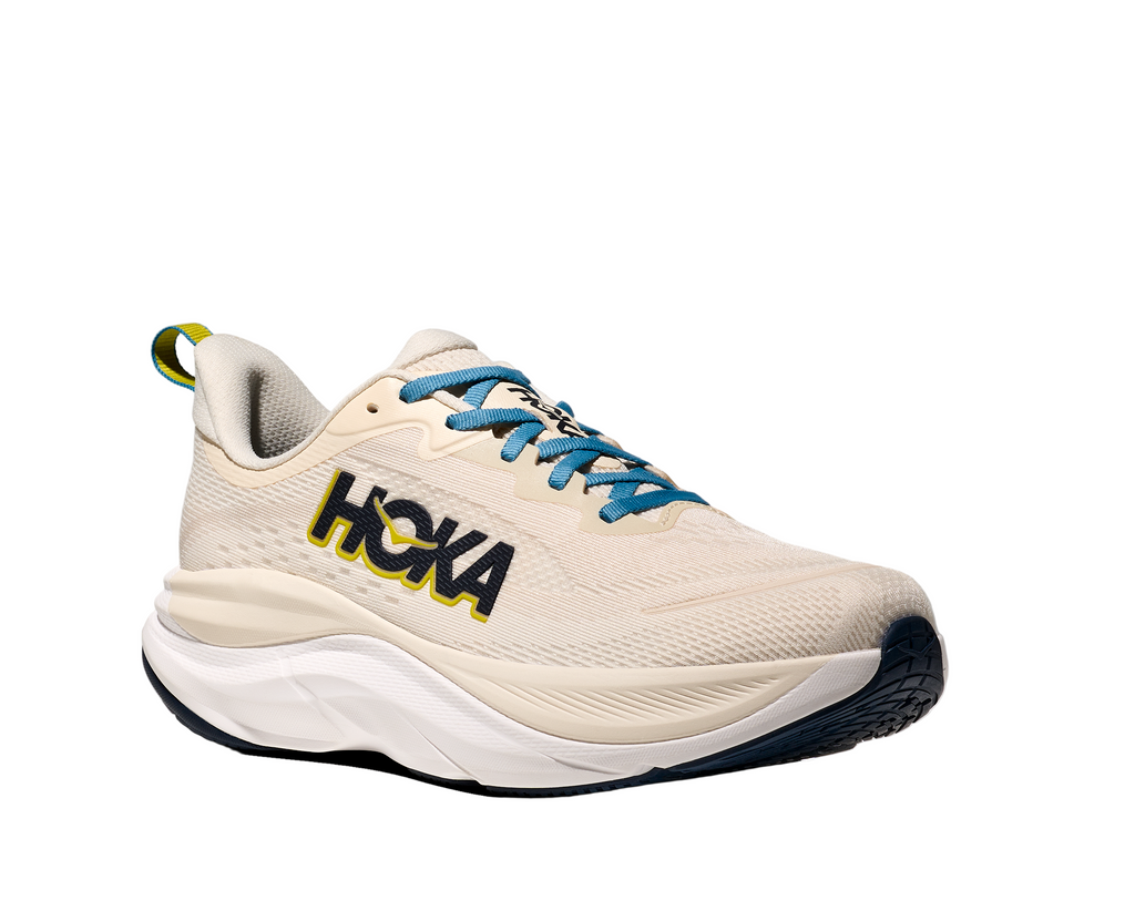 Men's Hoka Skyflow. Cream upper. White midsole. Lateral view.