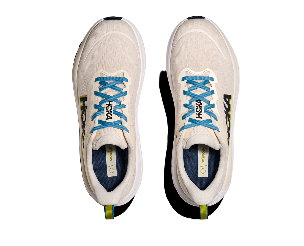 Men's Hoka Skyflow. Cream upper. White midsole. Top view.