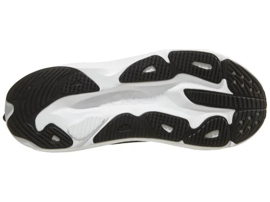 Men's Hoka Skyflow. Black/White. Bottom view.