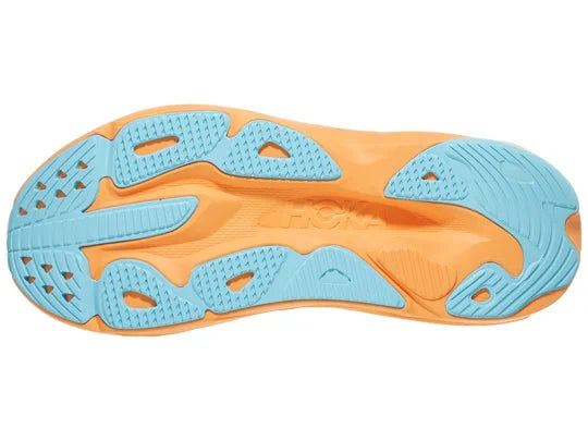 Men's Hoka Skyflow. Frost/Solar Flare. Bottom view.