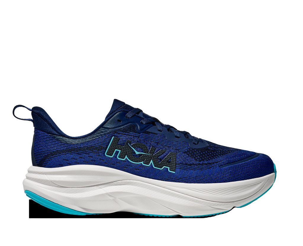 Men's Hoka Skyflow. Navy blue upper. White midsole. Lateral view.