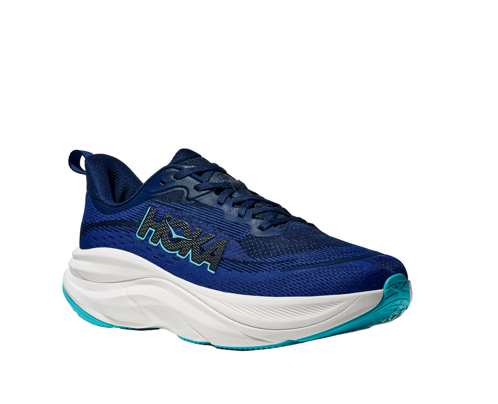 Men's Hoka Skyflow. Navy blue upper. White midsole. Lateral view.