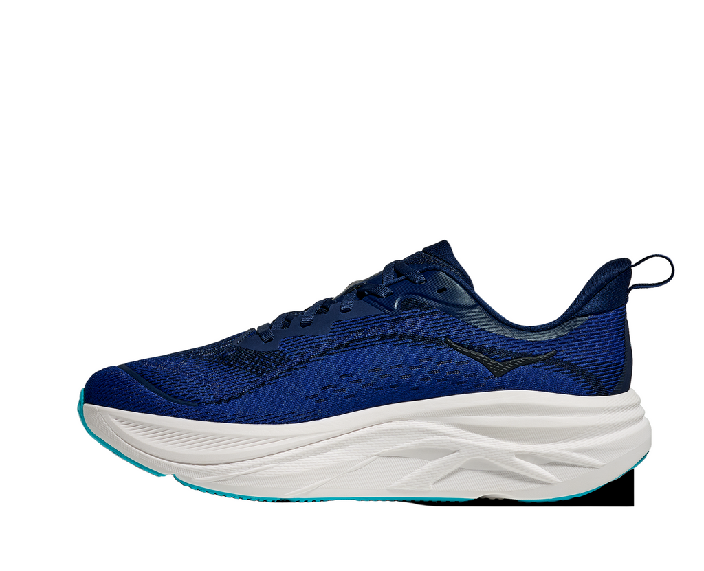 Men's Hoka Skyflow. Navy blue upper. White midsole. Medial view.