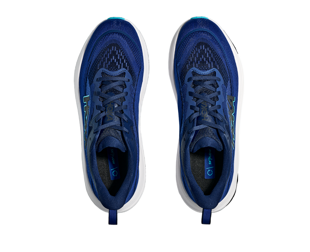 Men's Hoka Skyflow. Navy blue upper. White midsole. Top view.