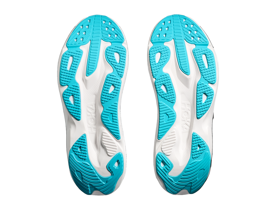 Men's Hoka Skyflow. Navy blue upper. White midsole. Bottom view.