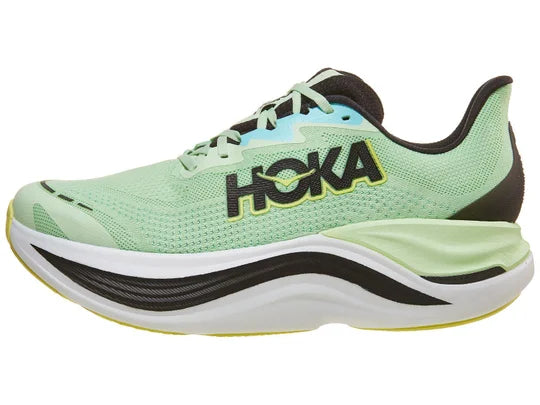 Men's Hoka Skyward X. Green upper. White and black midsole. Lateral view. 