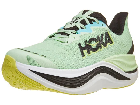Men's Hoka Skyward X. Green upper. White and black midsole. Lateral view. 