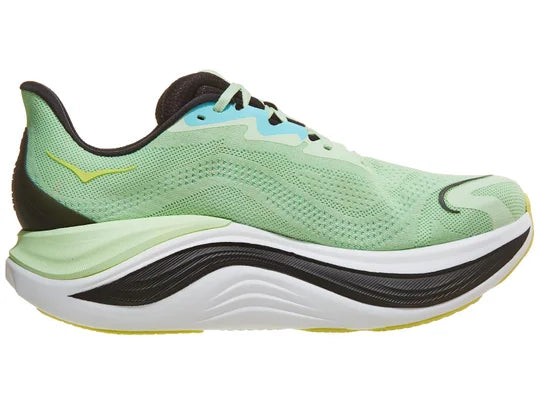 Men's Hoka Skyward X. Green upper. White and black midsole. Medial view.