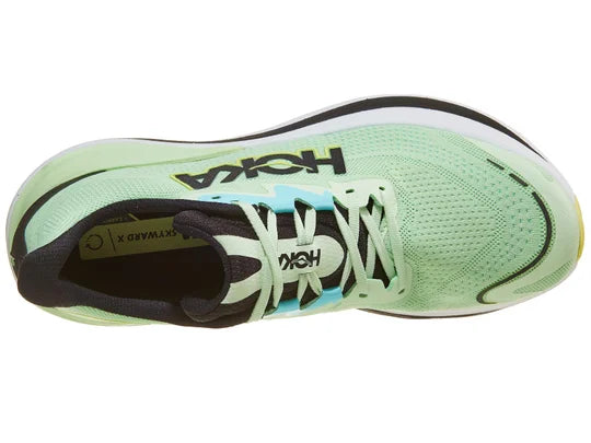 Men's Hoka Skyward X. Green upper. White and black midsole. Top view.