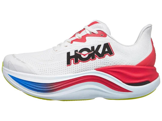 Men's Hoka Skyward X. White upper. White/Red Midsole. Lateral view.