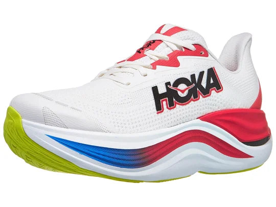 Men's Hoka Skyward X. White upper. White/Red Midsole. Lateral view.