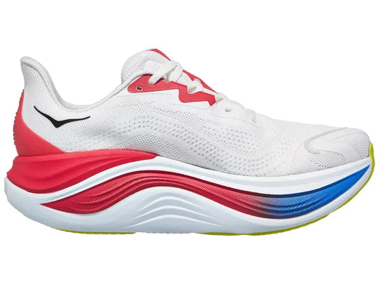 Men's Hoka Skyward X. White upper. White/Red Midsole. Medial view.