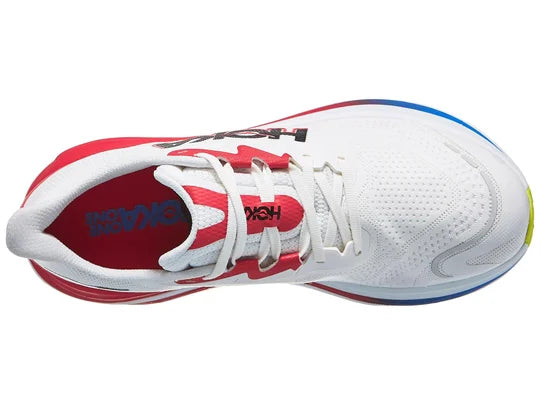 Men's Hoka Skyward X. White upper. White/Red Midsole. Top view.