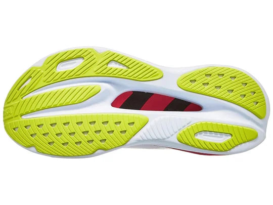 Men's Hoka Skyward X. White upper. White/Red Midsole. Bottom view.