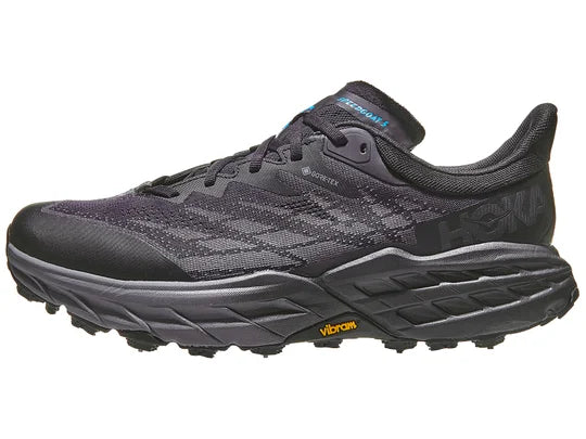 Men's Hoka Speedgoat 5 GTX Ice. Black upper. Black midsole. Lateral view.