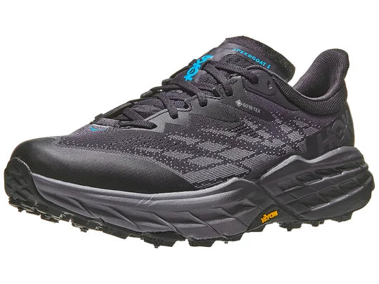 Men's Hoka Speedgoat 5 GTX Ice. Black upper. Black midsole. Lateral view.