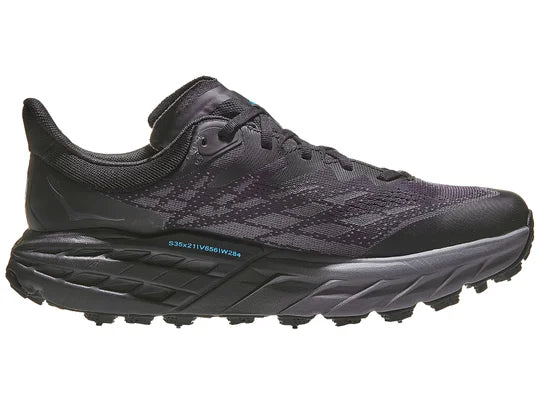 Men's Hoka Speedgoat 5 GTX Ice. Black upper. Black midsole. Medial view.