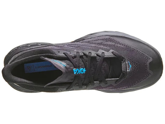 Men's Hoka Speedgoat 5 GTX Ice. Black upper. Black midsole. Top view.