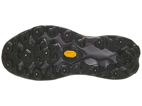 Men's Hoka Speedgoat 5 GTX Ice. Black upper. Black midsole. Bottom view.