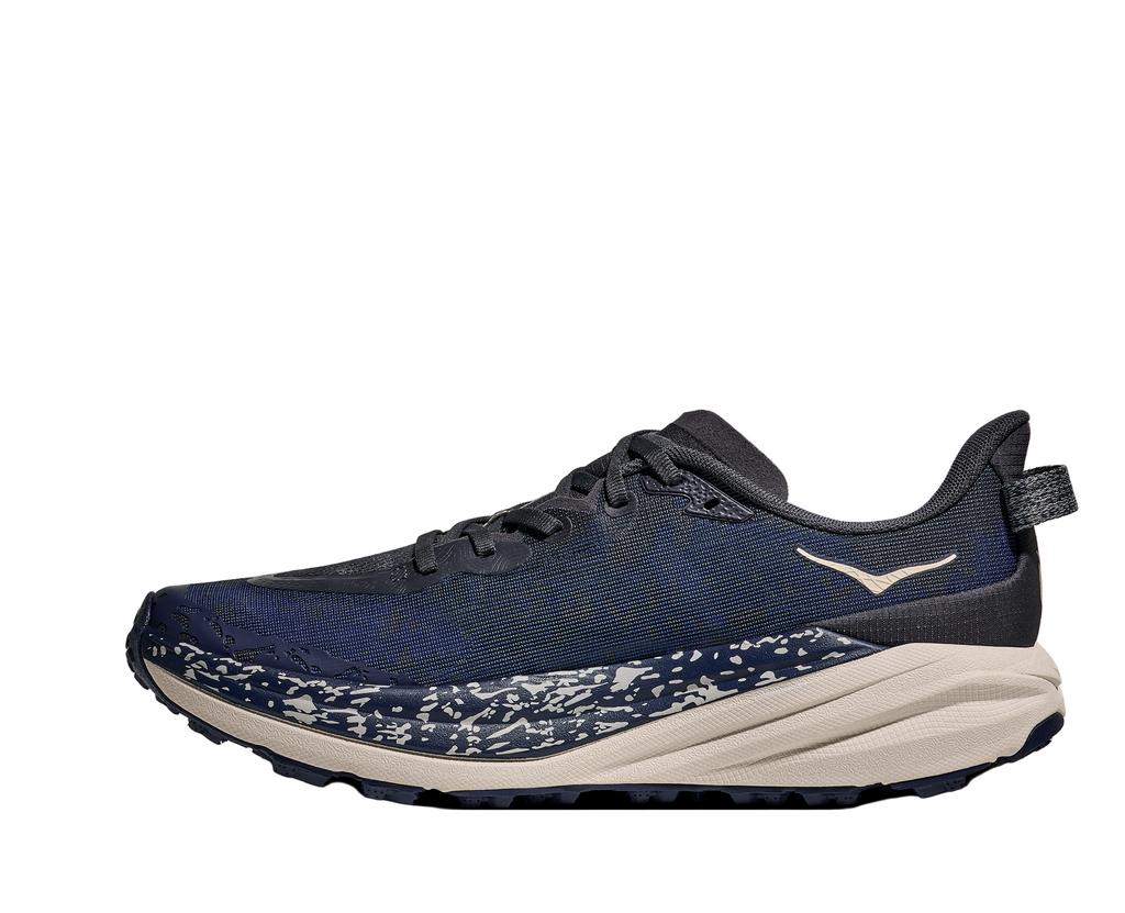 Men's Hoka Speedgoat 6. Navy blue upper. Cream midsole. Medial view.