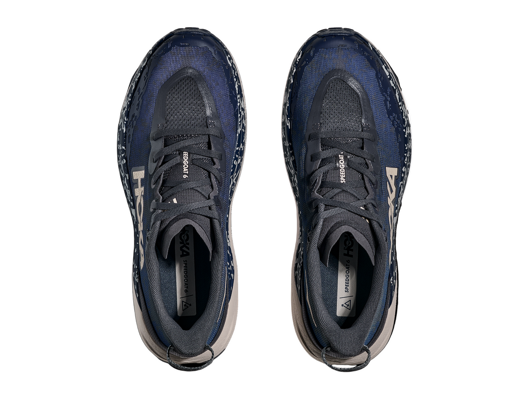 Men's Hoka Speedgoat 6. Navy blue upper. Cream midsole. Top view.