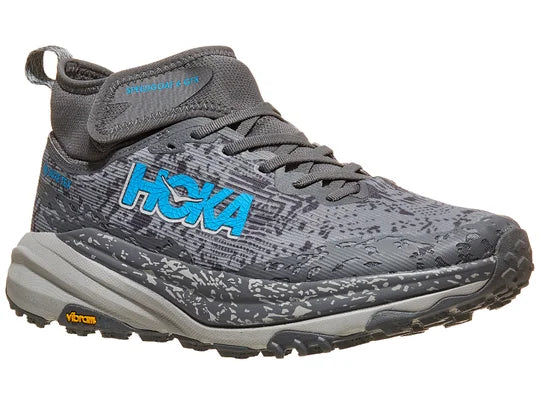 Men's Hoka Speedgoat 6 MID GTX. Grey upper. Grey midsole. Lateral view.