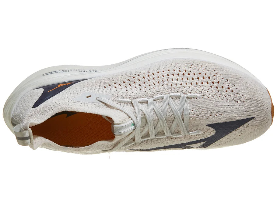 Men's Mizuno Neo Vista 2. White upper. White midsole. Top view.