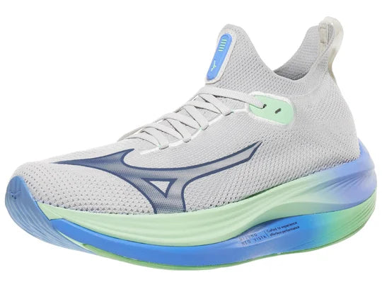 Men's Mizuno Neo Vista. White upper. Multicolored midsole. Lateral view.