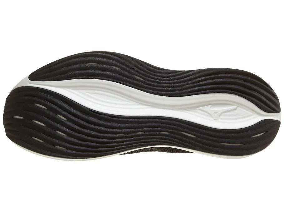 Men's Mizuno Neo Zen. Dark Grey upper. White midsole. Bottom view.