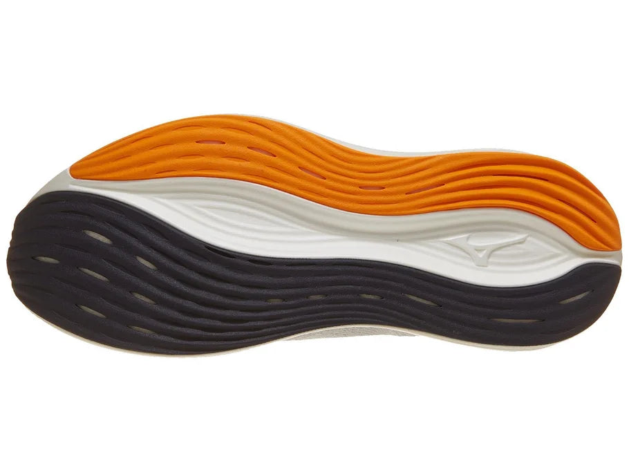 Men's Mizuno Neo Zen. Light Blue/Grey upper. White midsole. Bottom view.