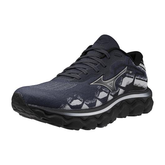Men's Mizuno Wave Horizon 7. Black upper. Black midsole. Lateral view.