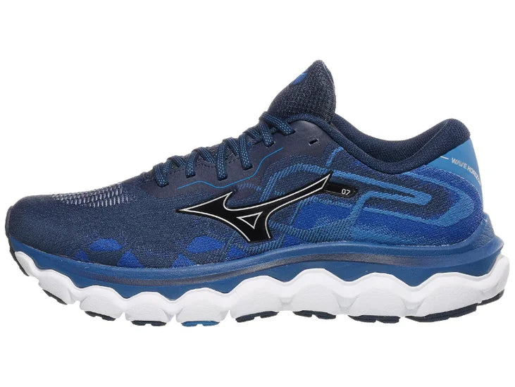 Men's Mizuno Wave Horizon 7. Blue upper. Blue/White midsole. Lateral View.