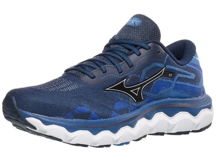 Men's Mizuno Wave Horizon 7. Blue upper. Blue/White midsole. Lateral View.