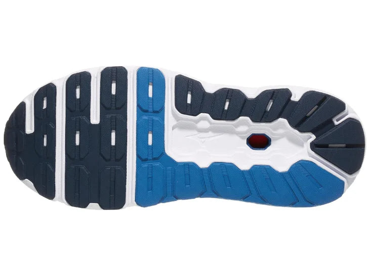 Men's Mizuno Wave Horizon 7. Blue upper. Blue/White midsole. Bottom View.