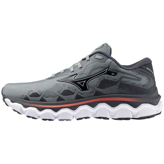 Men's Mizuno Wave Horizon 7. Grey upper. White midsole. Lateral view.