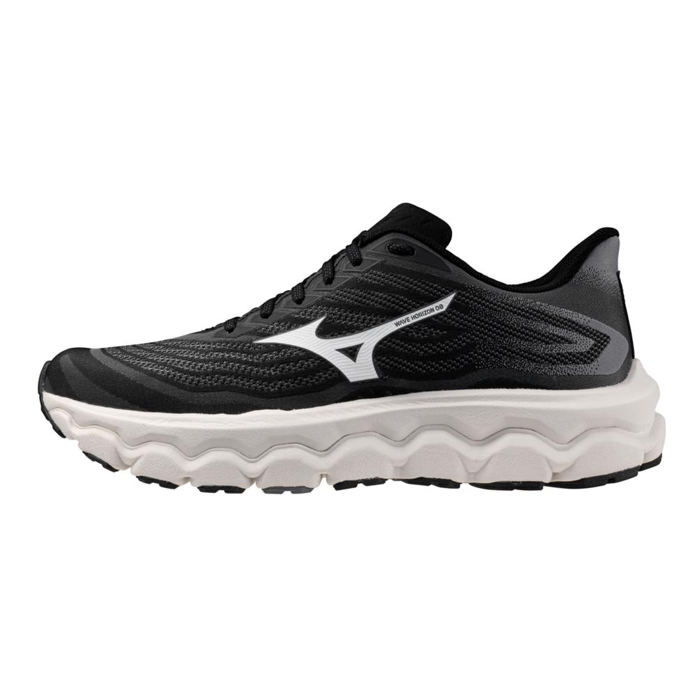 Men's Mizuno Wave Horizon 8. Black upper. White midsole. Lateral view.