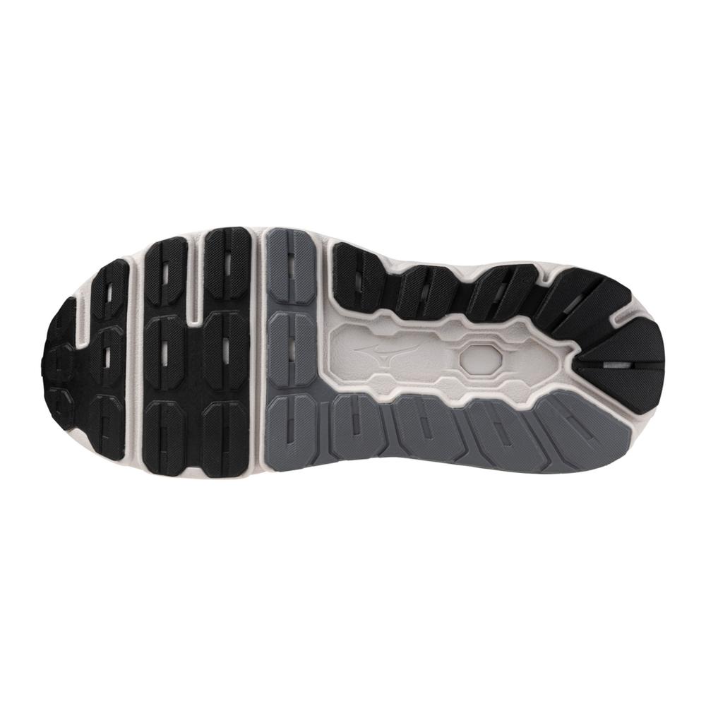 Men's Mizuno Wave Horizon 8. Black upper. White midsole. Bottom view.