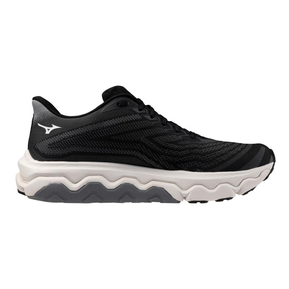 Men's Mizuno Wave Horizon 8. Black upper. White midsole. Medial view.