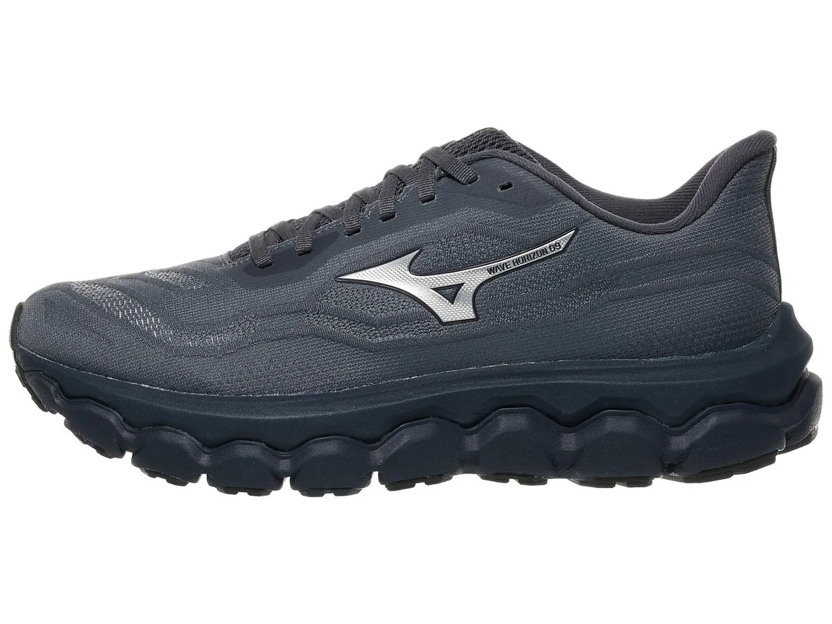 Men's Mizuno Wave Horizon 9. Dark grey upper. Black midsole. Lateral view.