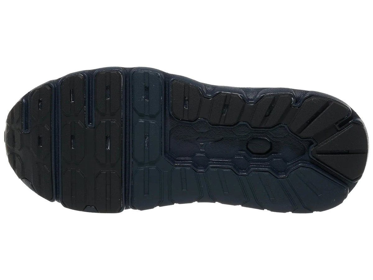 Men's Mizuno Wave Horizon 9. Dark grey upper. Black midsole. Bottom view.