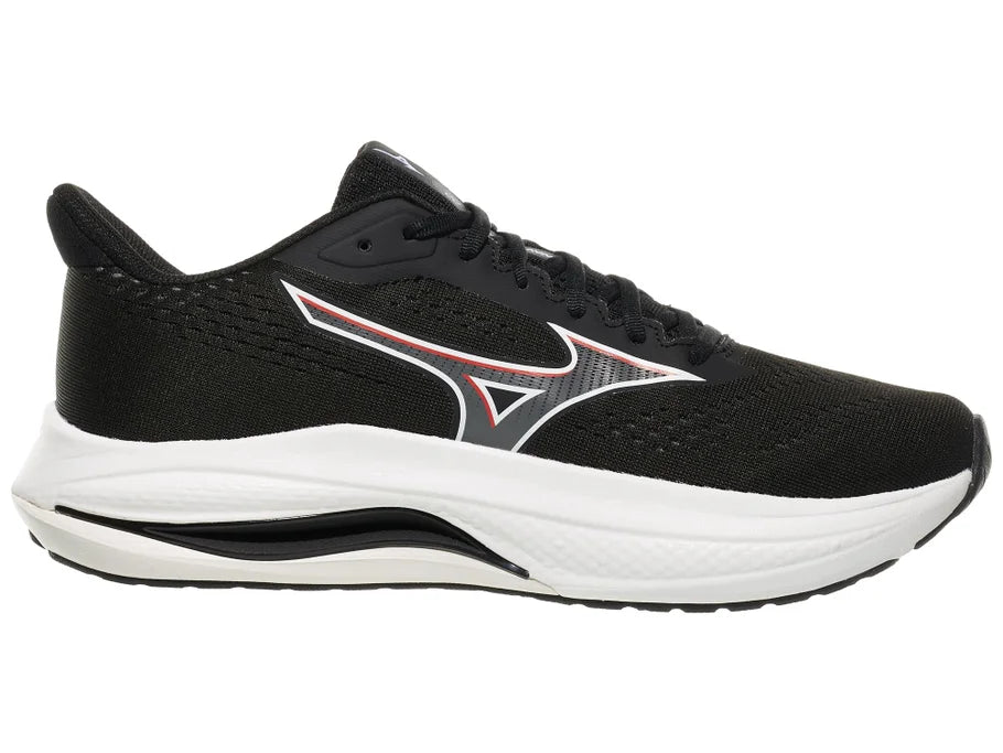 Men's Mizuno Wave Inspire 22. Black upper. White midsole. Medial view.
