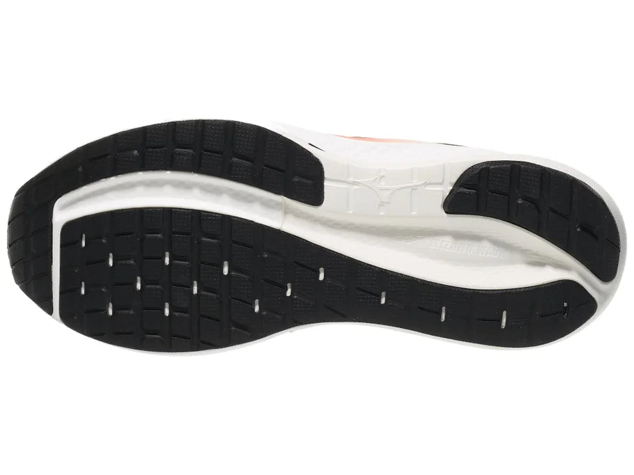 Men's Mizuno Wave Inspire 22. Black upper. White midsole. Bottom view.